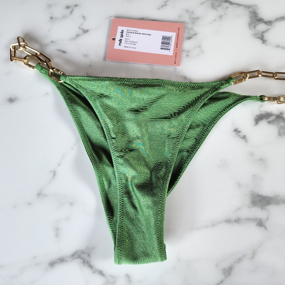 Cult Gaia Sanam Bikini Bottom, Green Basil & Gold Chain, SMALL